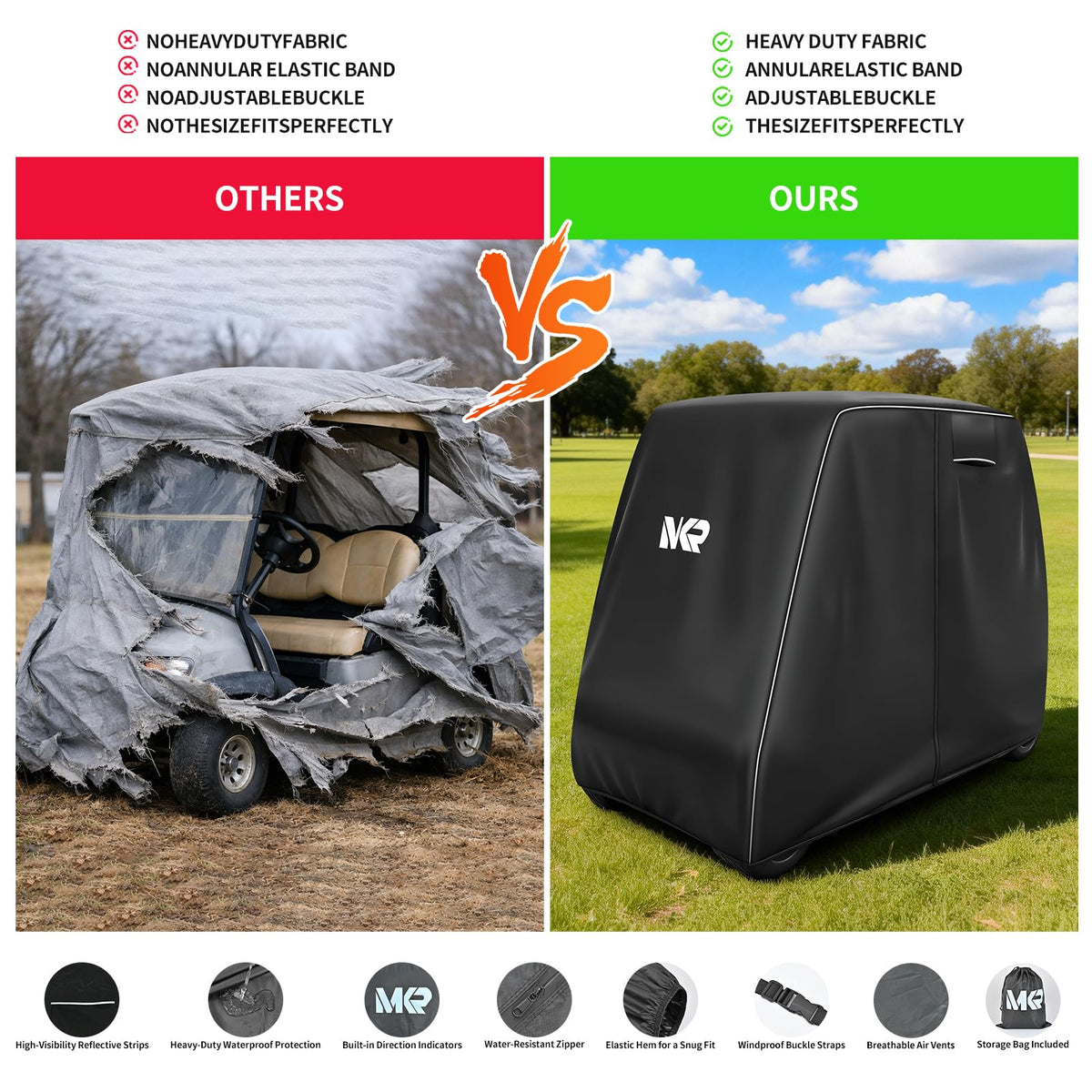 UYA 600D cover showing elastic hem and windproof buckles for secure fit