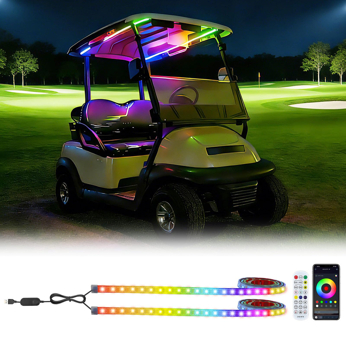 UYA Dreamcolor RGB strip on golf cart roof canopy for vibrant night lighting.