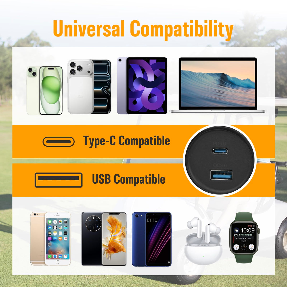UYA USB-A QC3.0 port powers devices quickly for two-device charging.