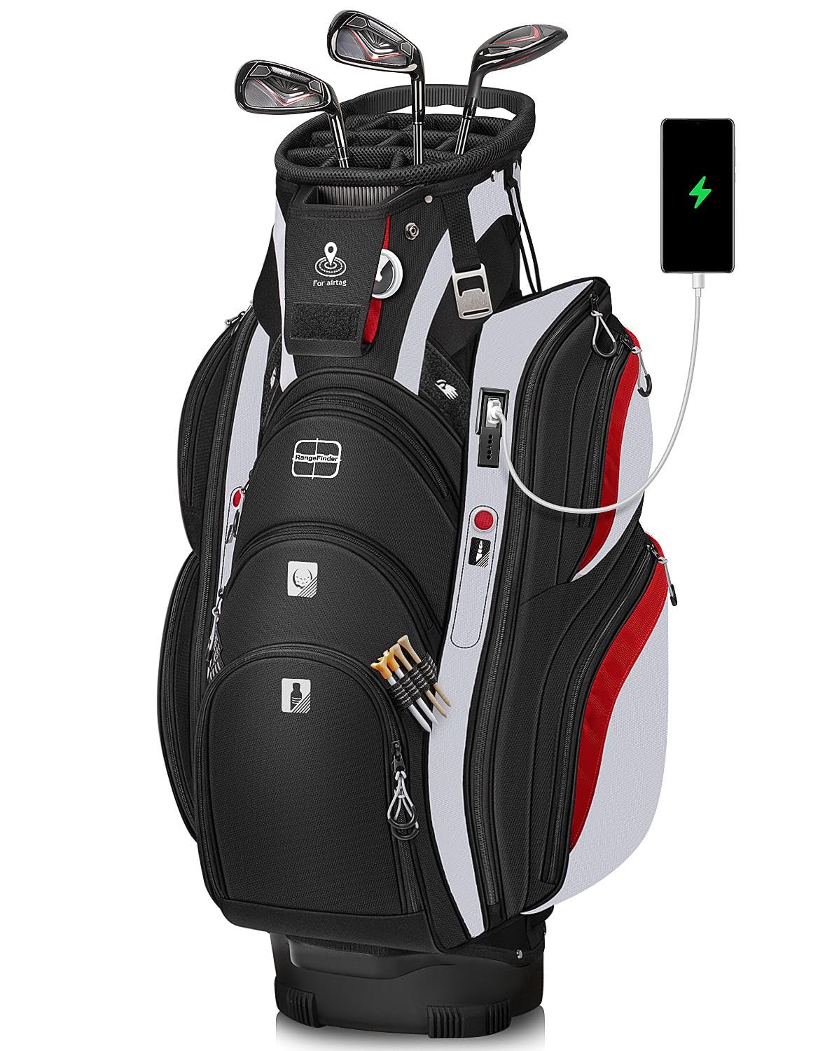 Vancropak golf cart bag on cart shows secure, stable storage during play.