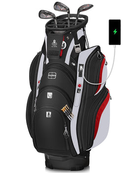 Vancropak golf cart bag on cart shows secure, stable storage during play.