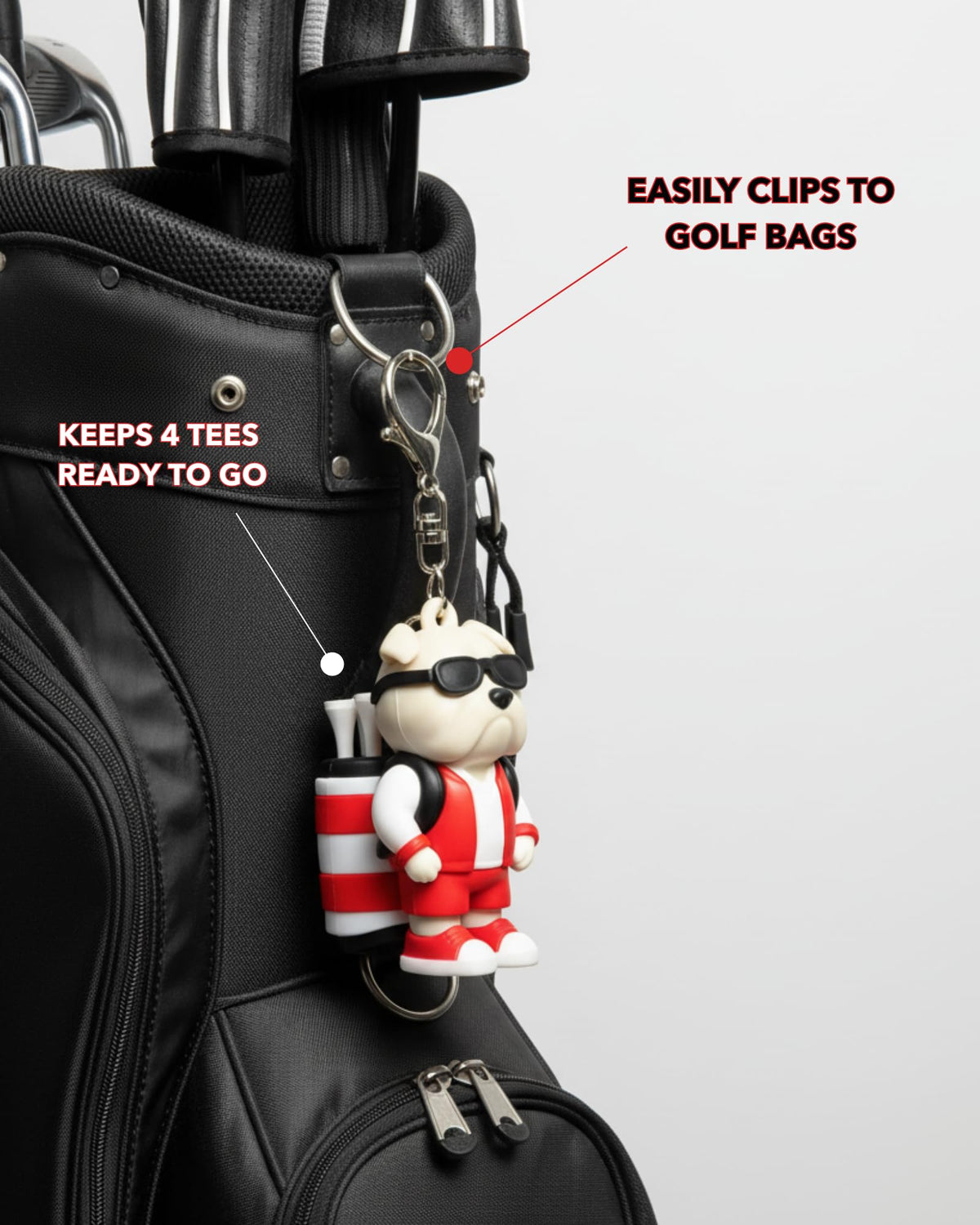 Bulldog Caddy shows eight included tees for a ready-to-play setup.