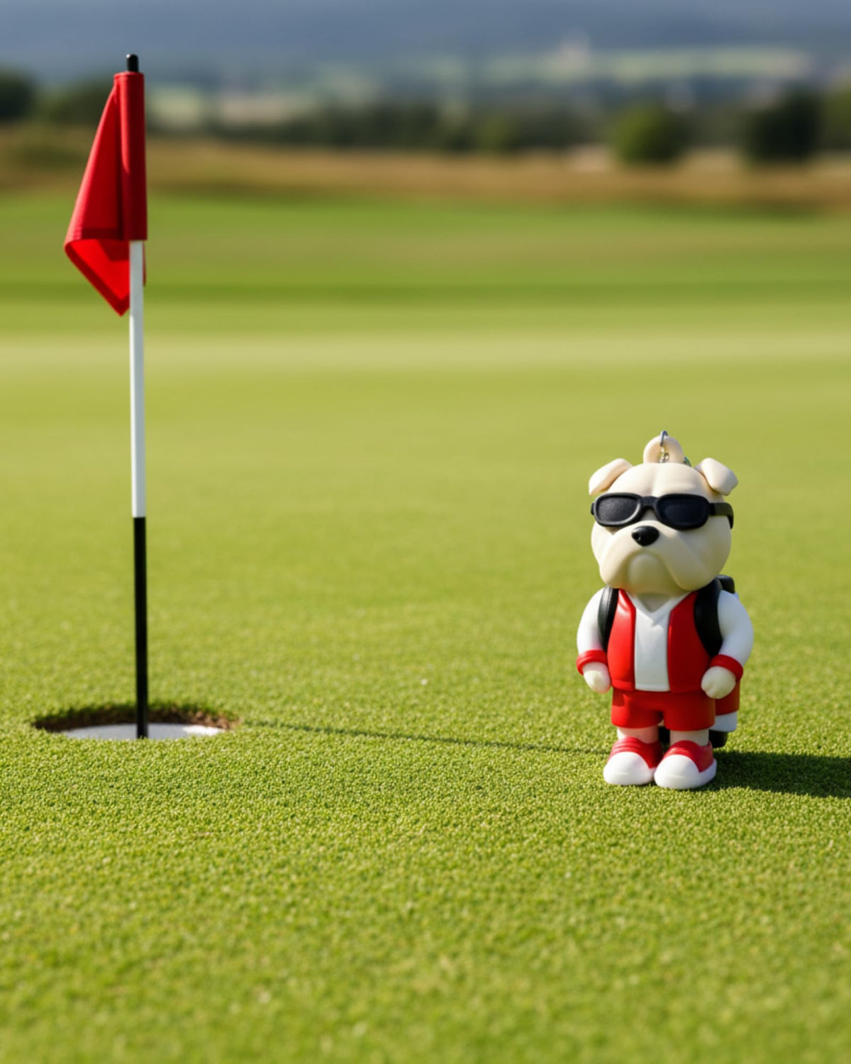 Compact Bulldog Caddy design clipped to a golf bag for easy use.