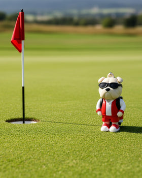 Compact Bulldog Caddy design clipped to a golf bag for easy use.
