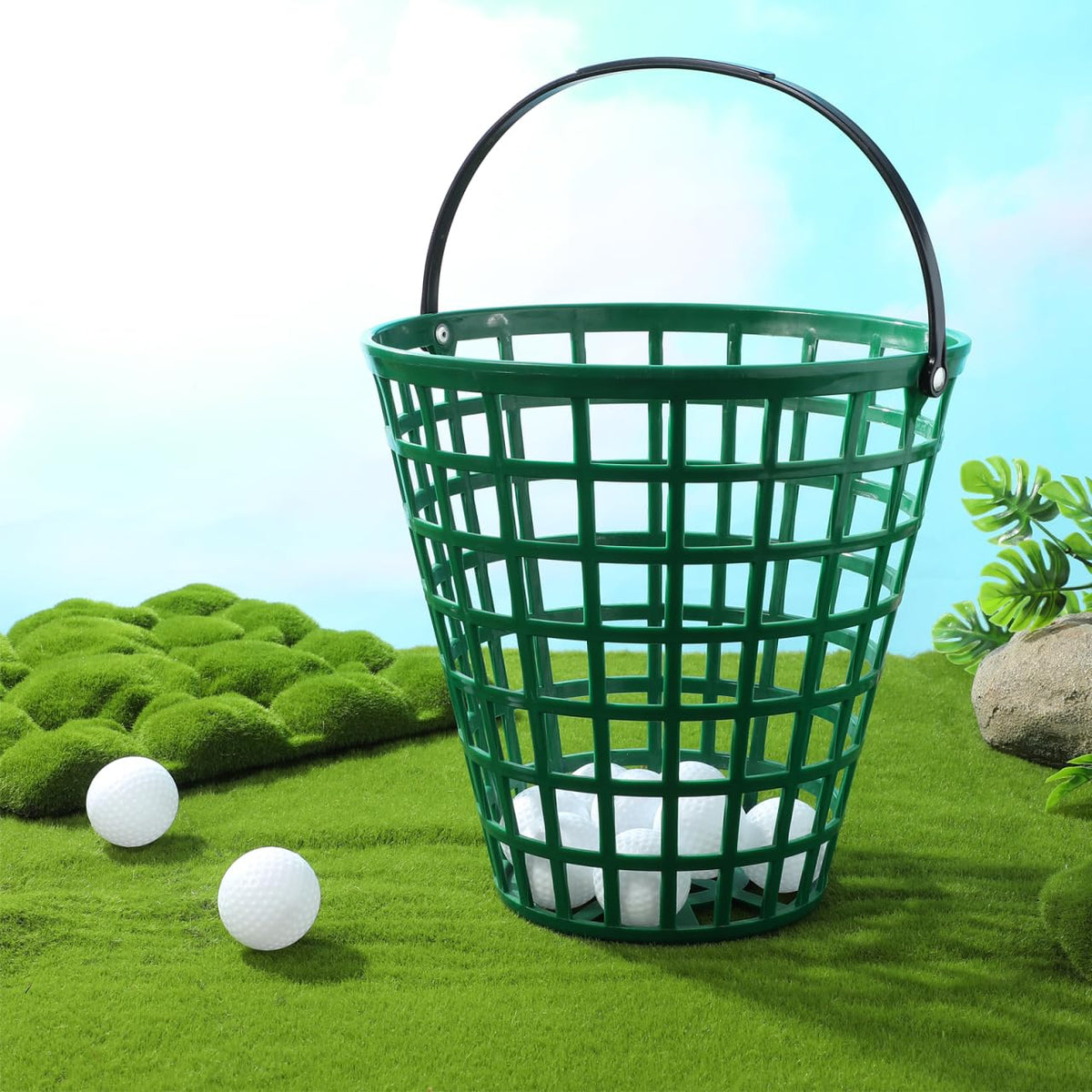 VANZACK portable golf ball basket in use.