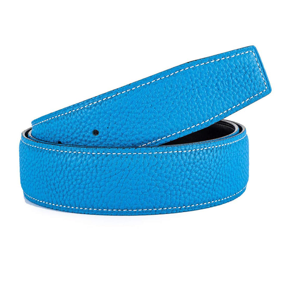 Vatee's belt strap in bright blue, no buckle, ideal for a clean casual look.