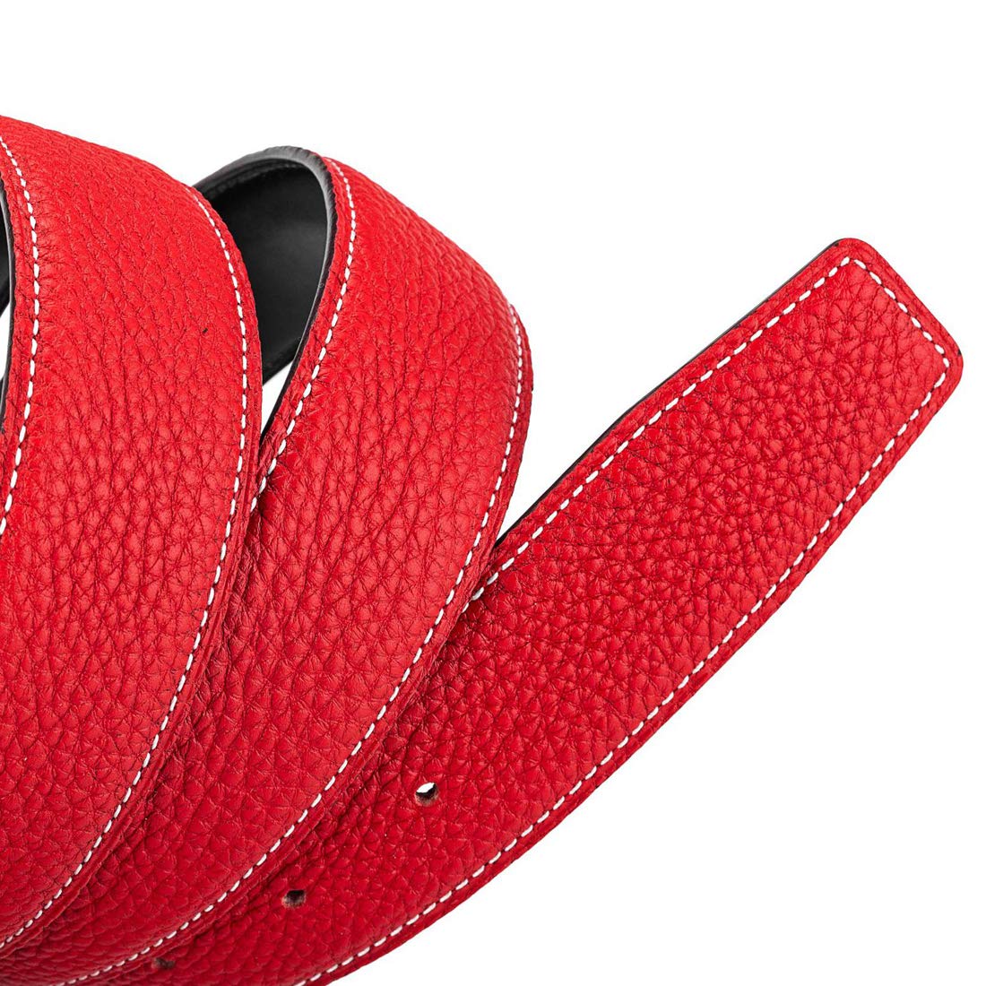 Close-up of Vatee's bright red strap surface, full-grain leather texture and gloss.