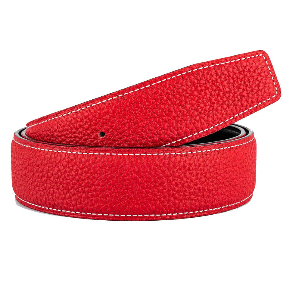 Vatee's leather belt strap in bright red, front view, ideal for durable daily wear