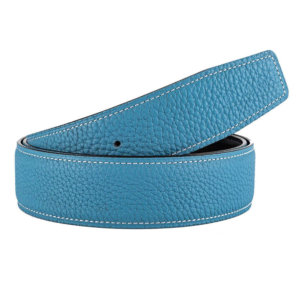 Vatee's light blue belt strap front view highlights leather texture and versatility.