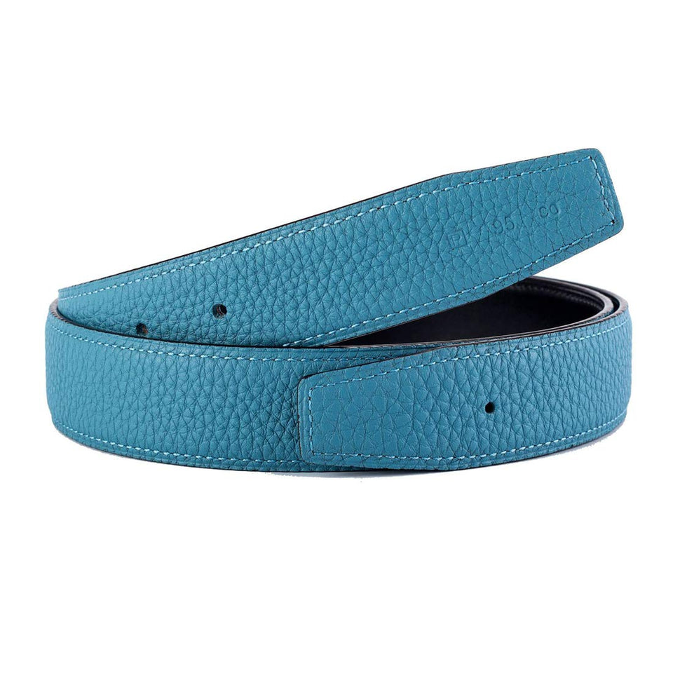 Vatee's light-blue leather belt strap close-up shows premium finish and durability