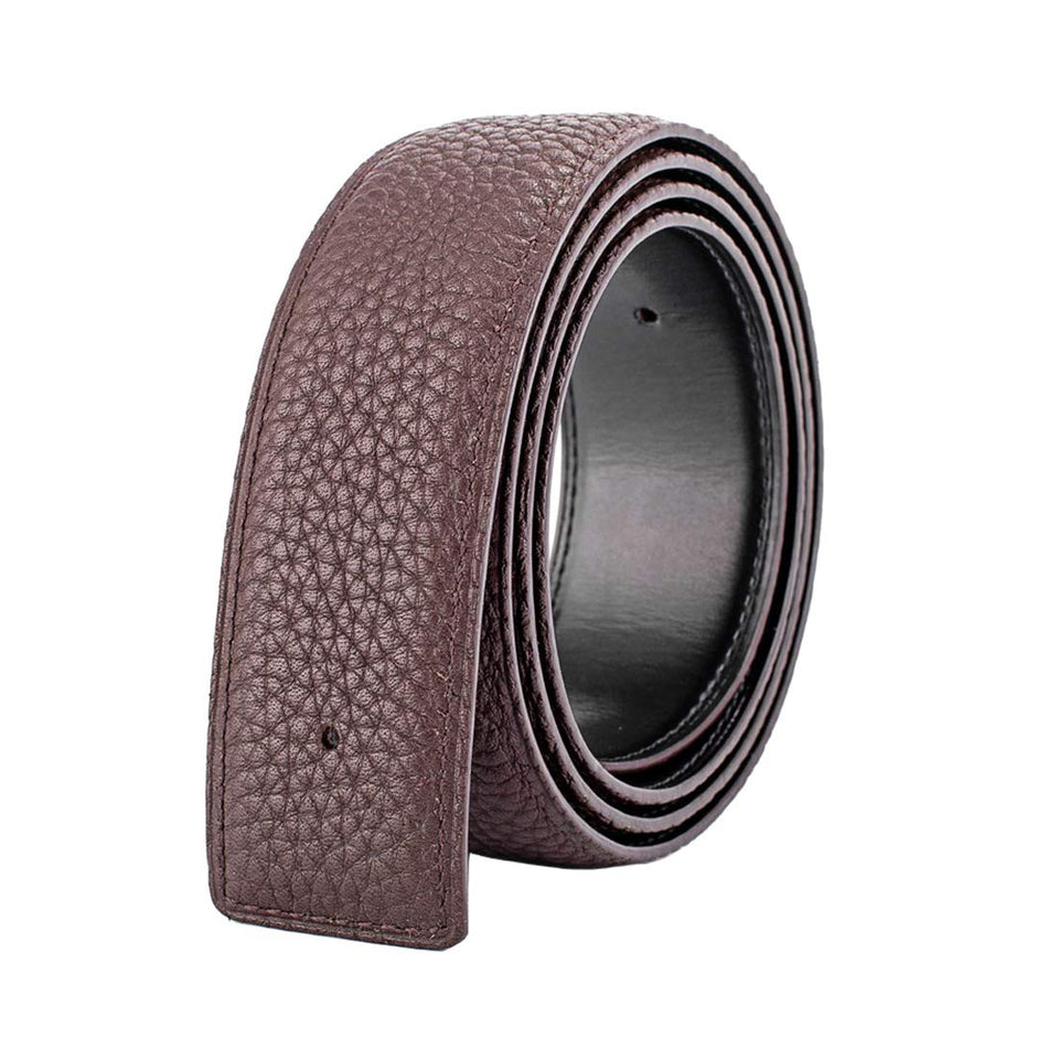 Vatee's belt strap no buckle in coffee shows a 47-inch length and 32mm width for versatile fit.