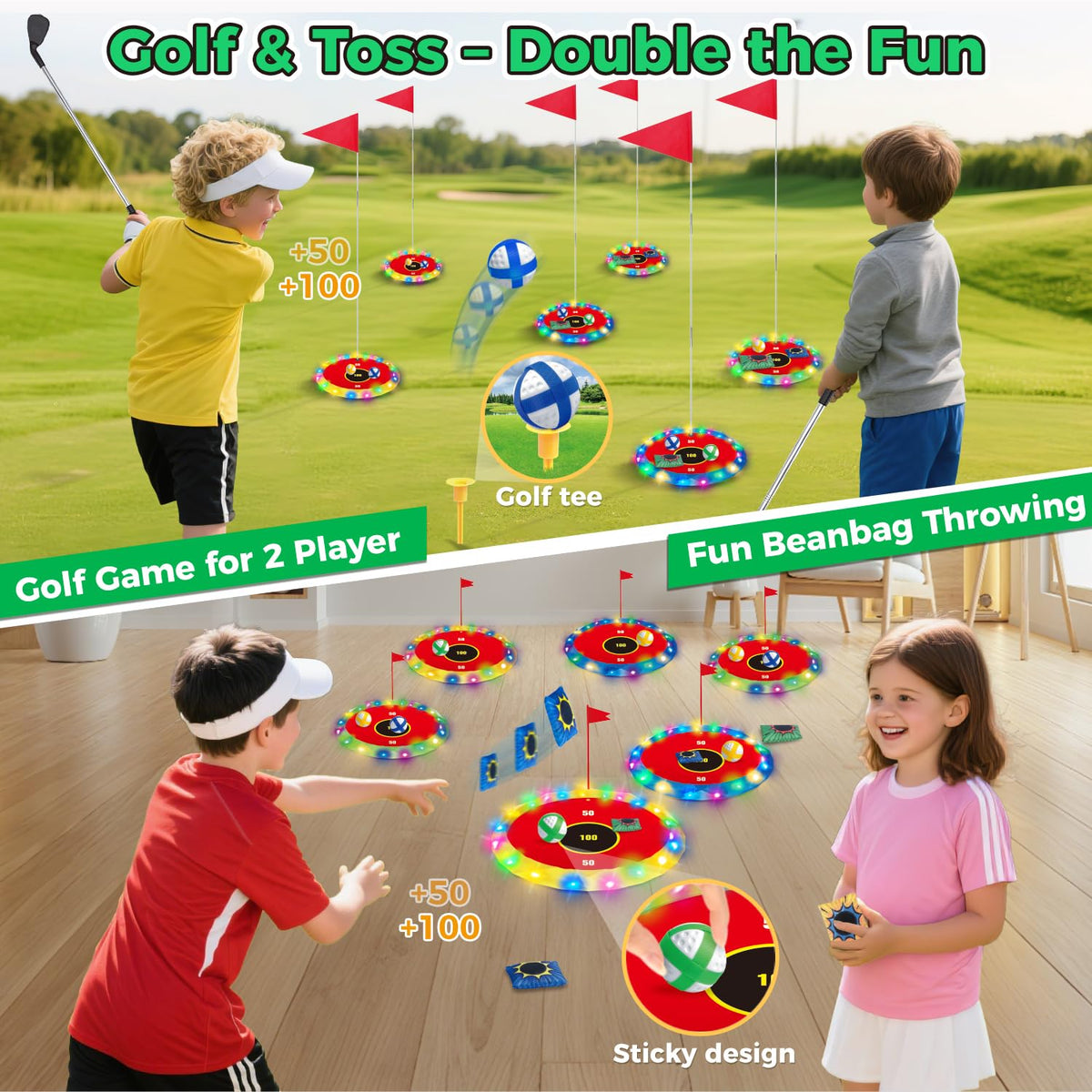 VATOS 2-in-1 golf set with LED targets supports versatile family fun.