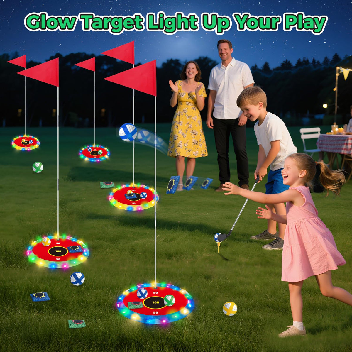VATOS glow targets illuminate the course for after-dark golf and bean bag toss.