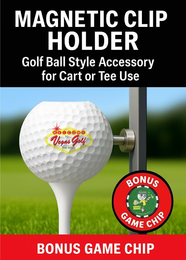 Vegas Golf magnetic clip attached to cart pole for quick hands-free access.