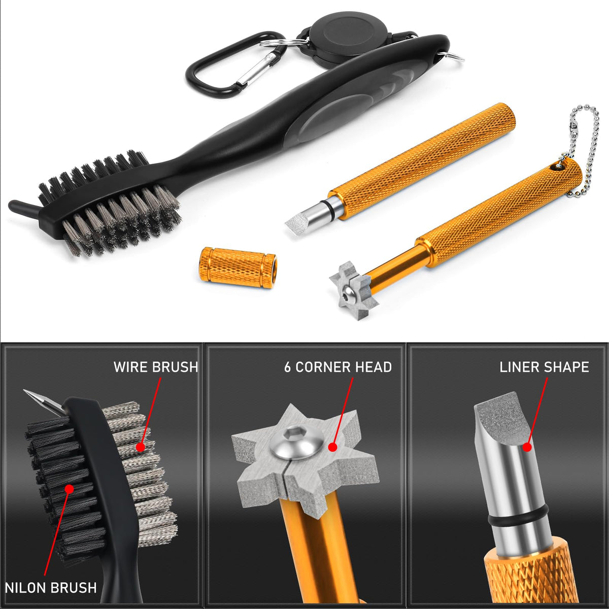 Velofangz golf club cleaner brush with dual steel and nylon bristles for grooves.