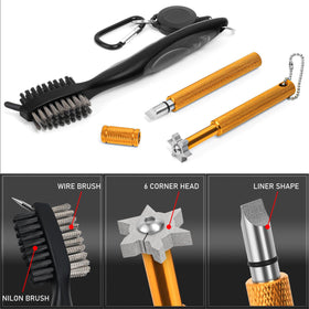 Velofangz golf club cleaner brush with dual steel and nylon bristles for grooves.