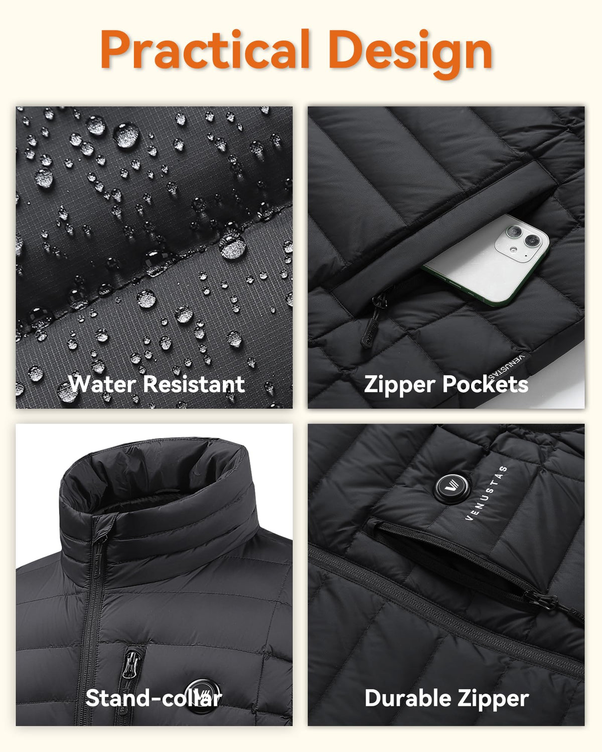 Venustas heated down vest mid-back heating panel enhances core warmth during activity