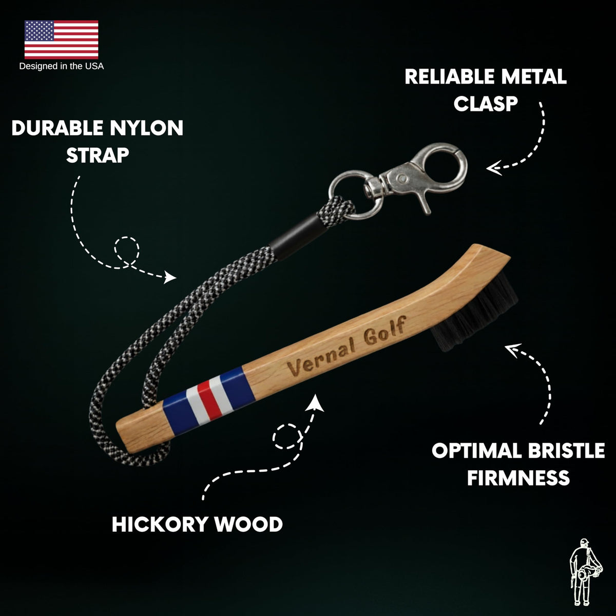 Vernal Golf nylon bristle detail cleans dirt from grooves effectively.