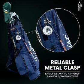 Vernal Golf clip keeps brush accessible on bags and carts.