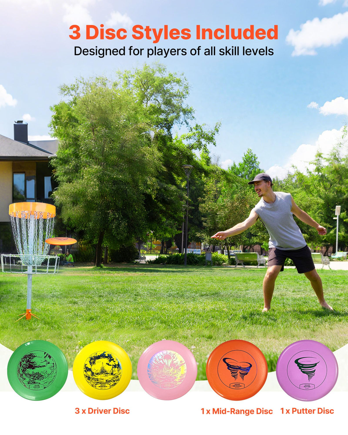 VEVOR disc golf set with discs spread out for quick skill assessment