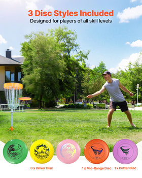 VEVOR disc golf set with discs spread out for quick skill assessment