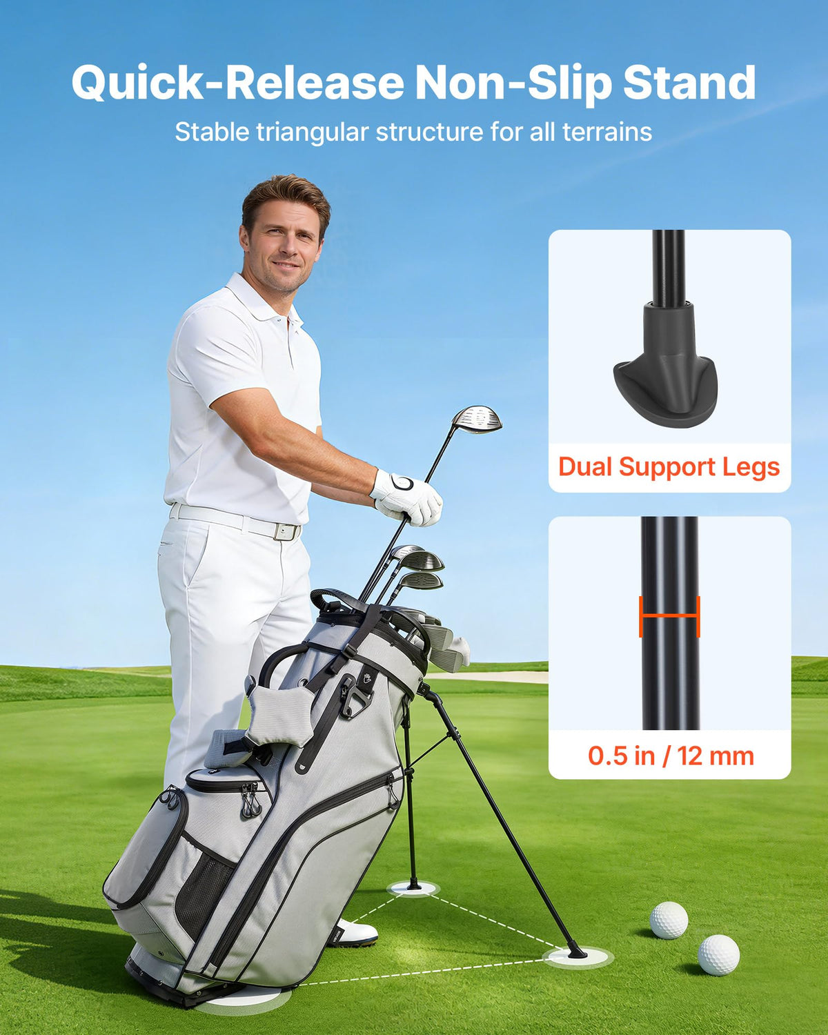 VEVOR golf bag with dual straps reduces fatigue while carrying.