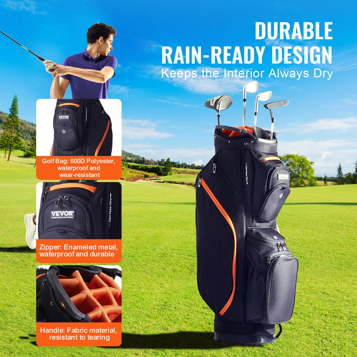VEVOR golf cart bag interior with eleven pockets for towels, gloves, and phones