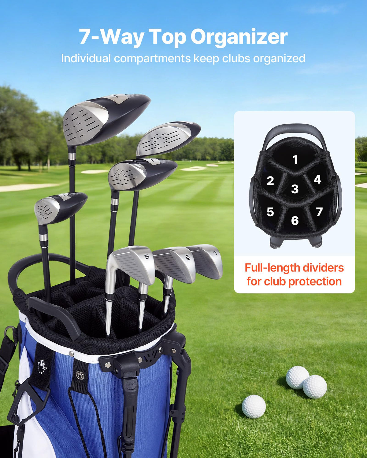 VEVOR golf bag shows full-length 865 mm dividers for organized storage.