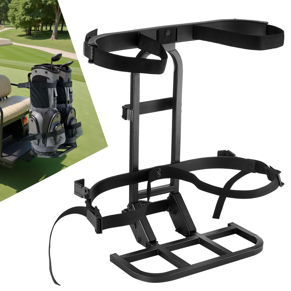 VEVOR golf cart bag holder rear-angle view with two bags secured