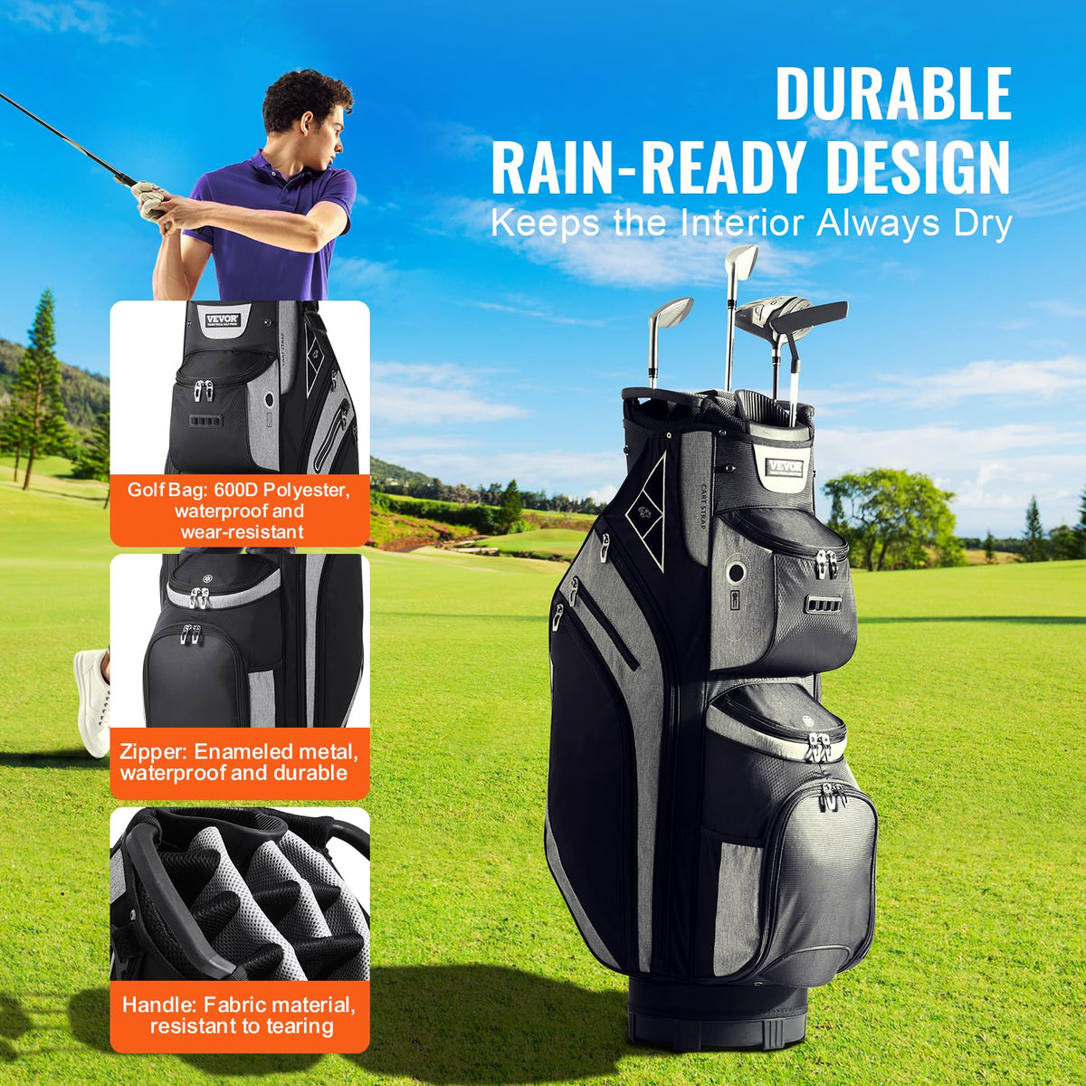 VEVOR Golf Cart Bag sturdy stand base stays steady on slopes and grass.