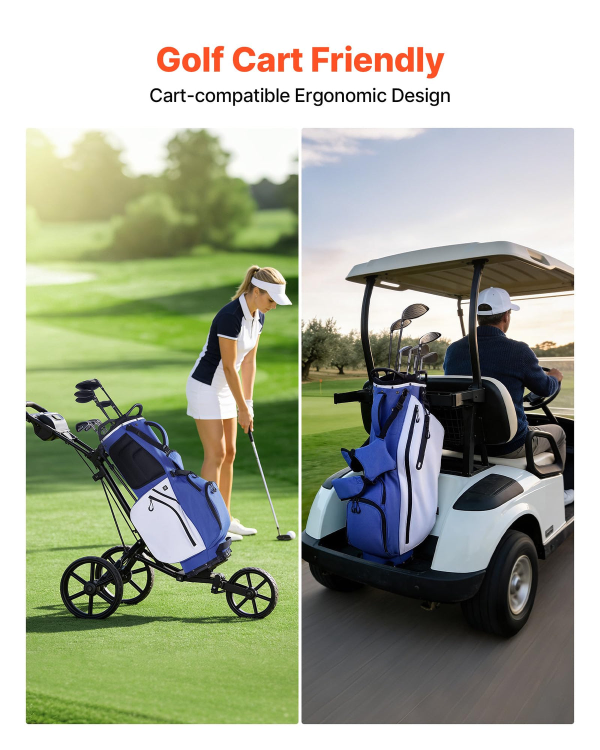 VEVOR bag fits securely on standard golf carts for easy transport.