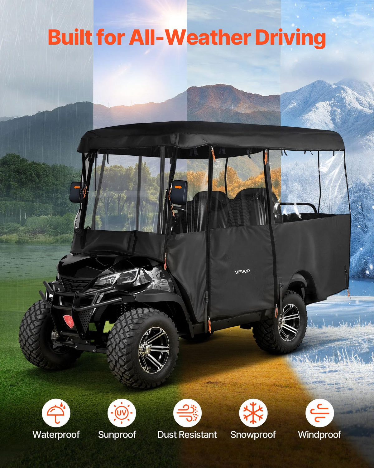 VEVOR golf cart cover uses 600D fabric for rain and sun resistance.