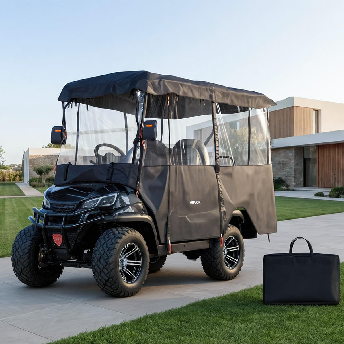 VEVOR cart cover shows a clear Front indicator for correct installation.