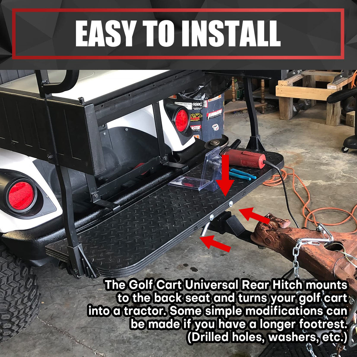 VIAGL 2-inch receiver hitch mounted under rear foot platform for stability.