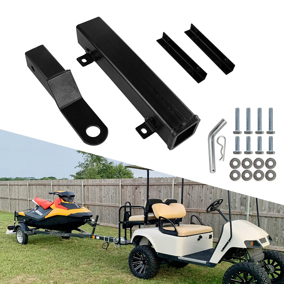 VIAGL golf cart hitch with receiver under rear seat for easy towing.