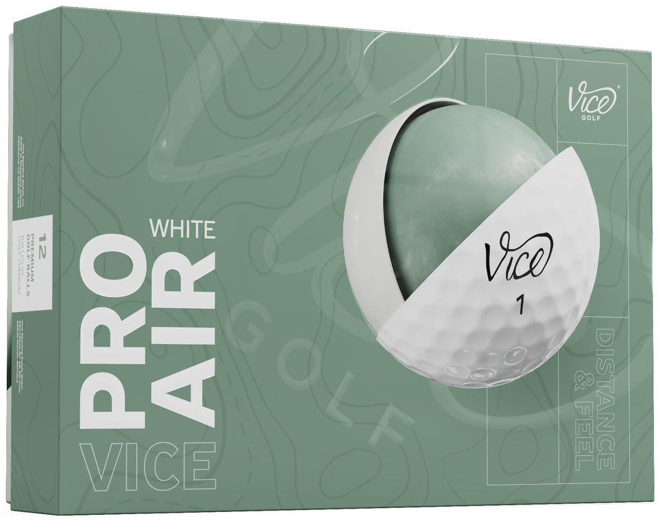 Vice Golf Pro Air 2025 white ball close-up highlights premium cover for feel.
