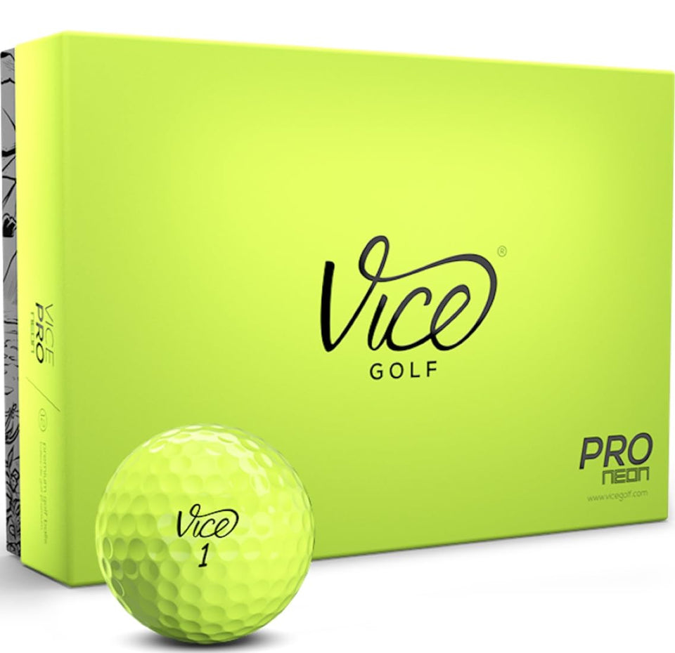 Vice Pro Neon Lime golf ball closeup highlighting vibrant visibility for tracking flights