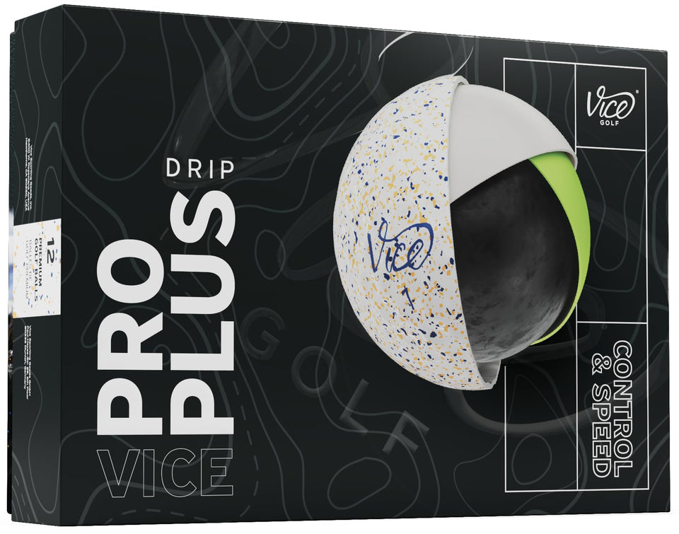 Vice Pro Plus ball close-up with navy orange drip finish, premium urethane cover