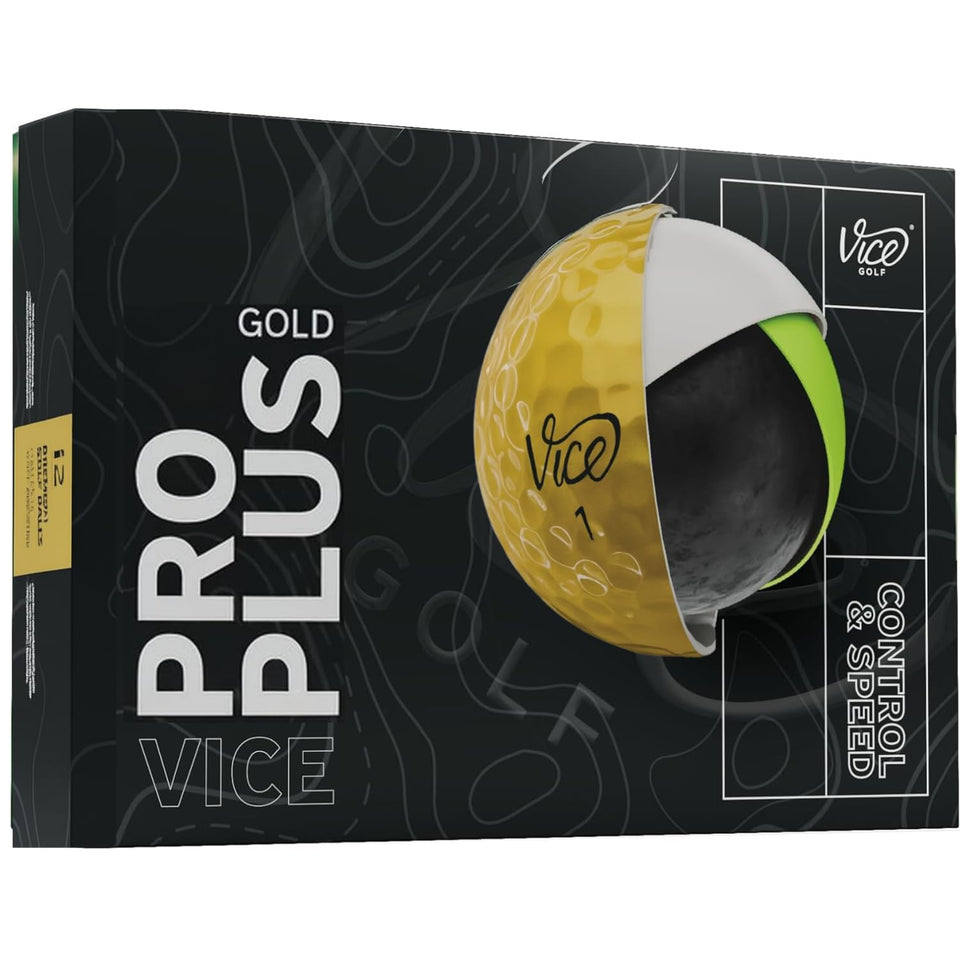 Vice Golf Pro Plus Gold ball close-up shows Cast Urethane cover for greenside feel