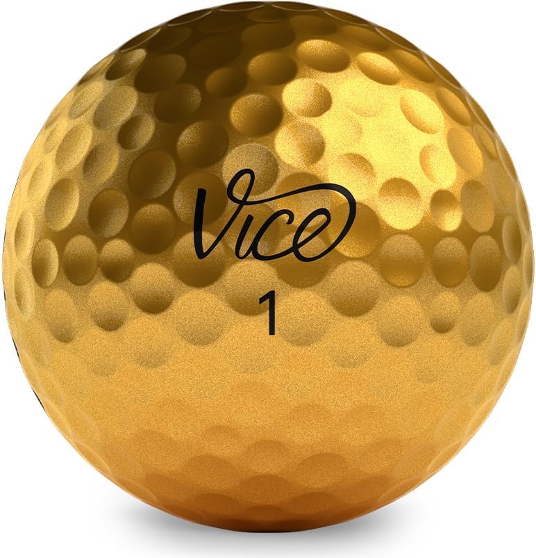 Vice Golf Pro Plus Gold with 336-dimple pattern for flight stability and spin control