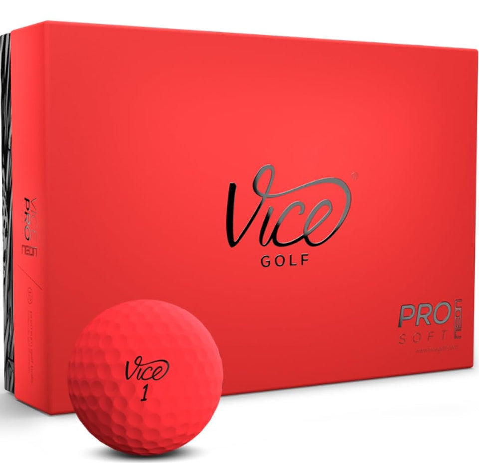Vice Golf Pro Soft Neon Red ball with matte finish improves glare resistance and visibility.