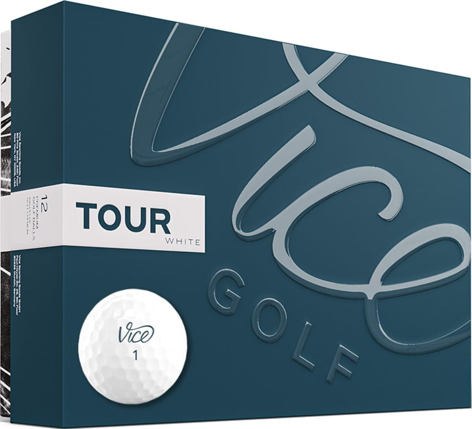 Vice Golf Tour White ball packshot highlights durable construction and versatile distance.