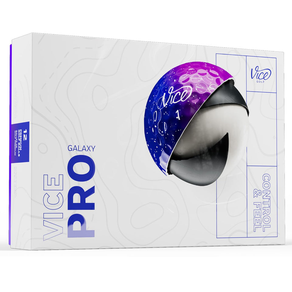 Vice Golf Vice Pro Galaxy ball pack on tee highlighting distance potential.