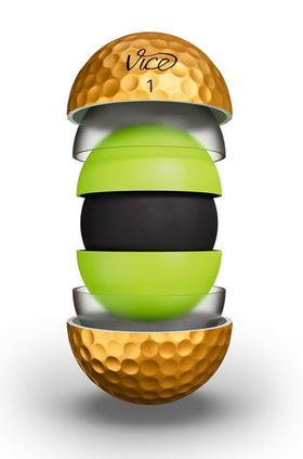 Vice Pro Plus Gold ball on tee highlighting distance and control for serious players