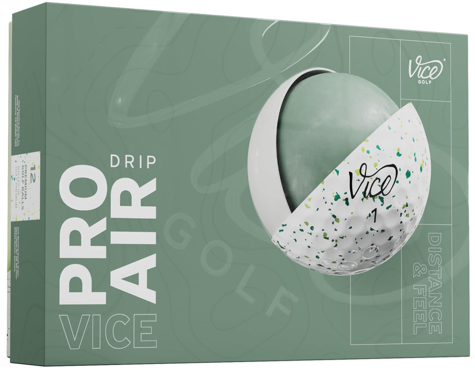 Vice Pro Air ball in flight with petrol-yellow drip, showcasing distance and launch potential.