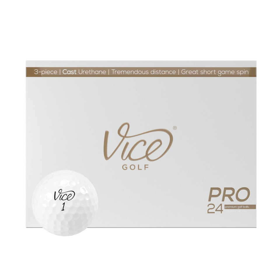 Vice Pro White golf balls 24-pack image showcases premium spin potential and soft feel.