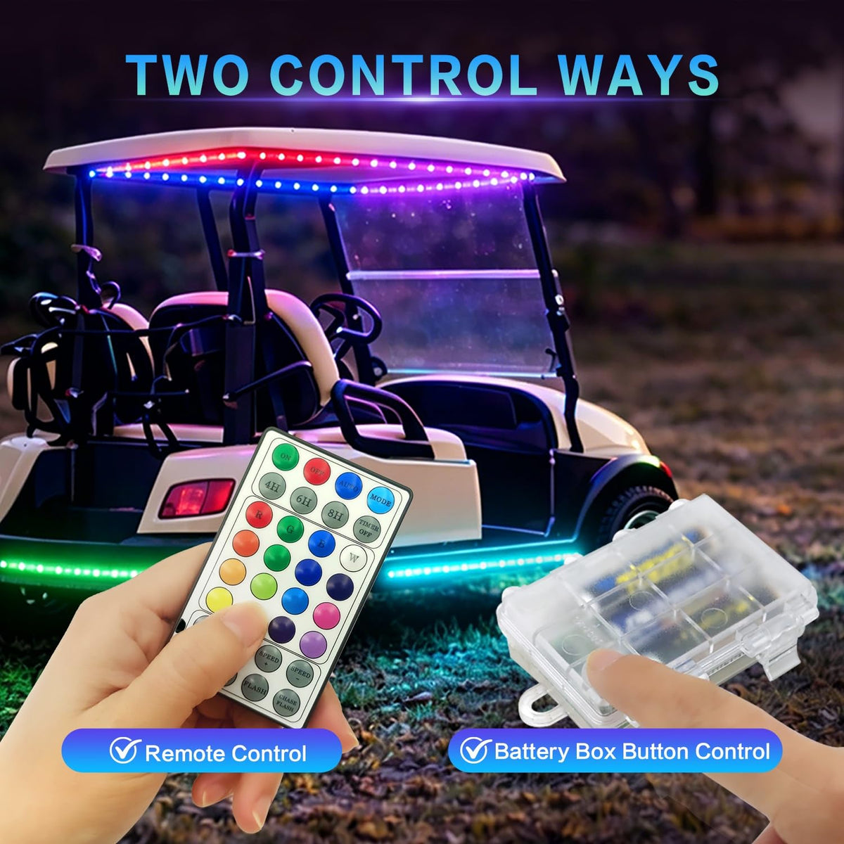 VIDLULTD IC RGB strip displays dynamic color chasing on a golf cart.