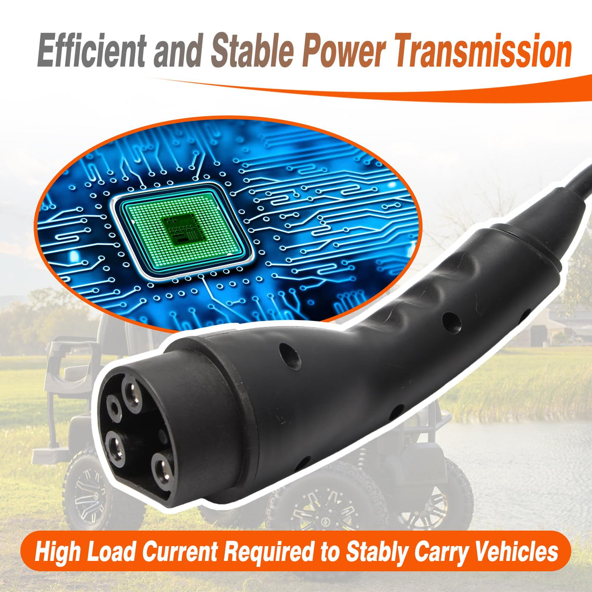 Vierzweites charging cord in-use with a golf cart for on-site charging.