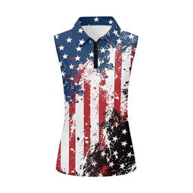 Viewamoon women's golf sleeveless top front view with patriotic print and breathable fabric
