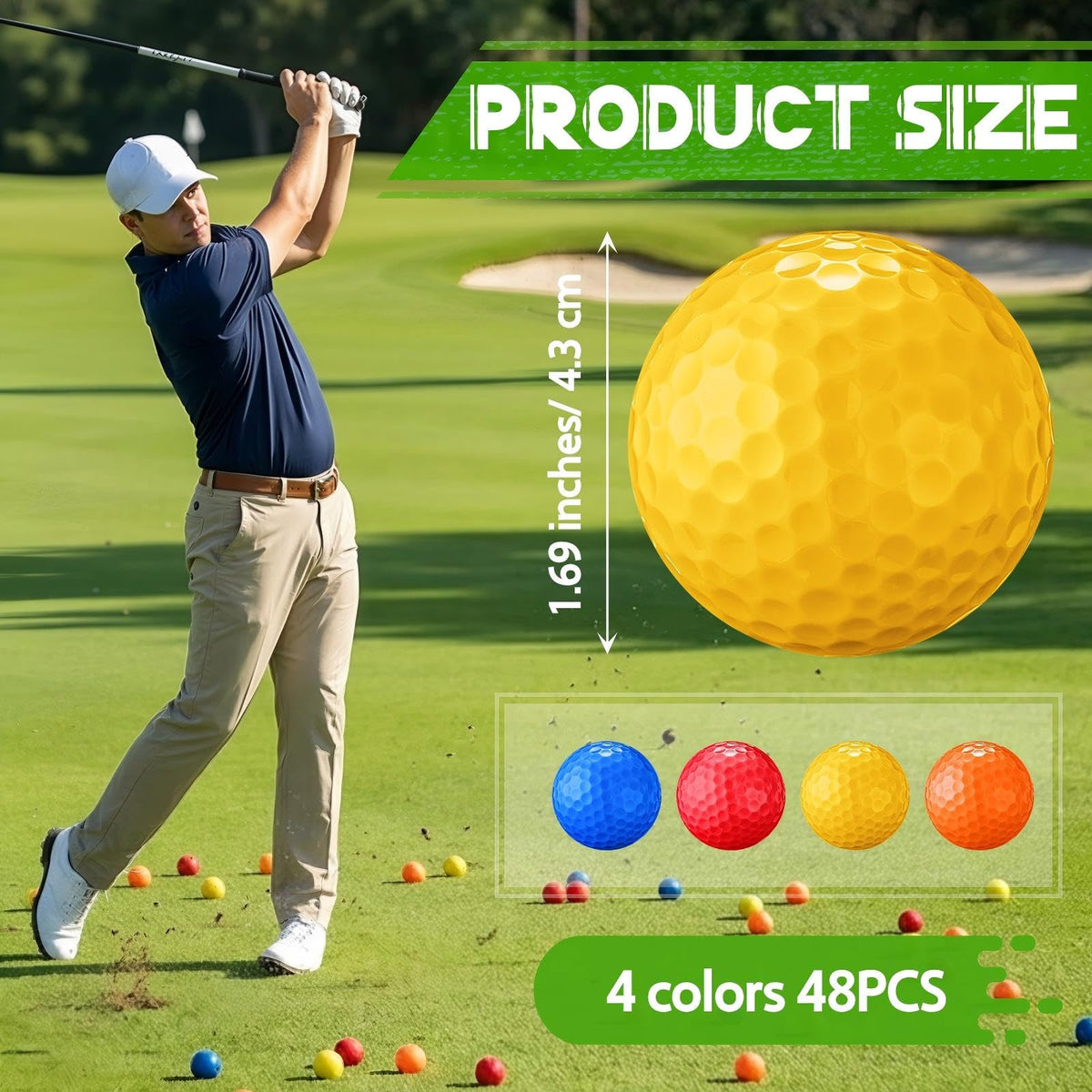 Vinsot golf balls with 1.69-inch diameter for standard practice feel